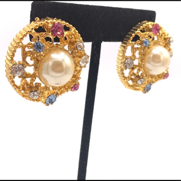 Vintage Belini signed rhinestone earrings filigree - Picture 4 of 7